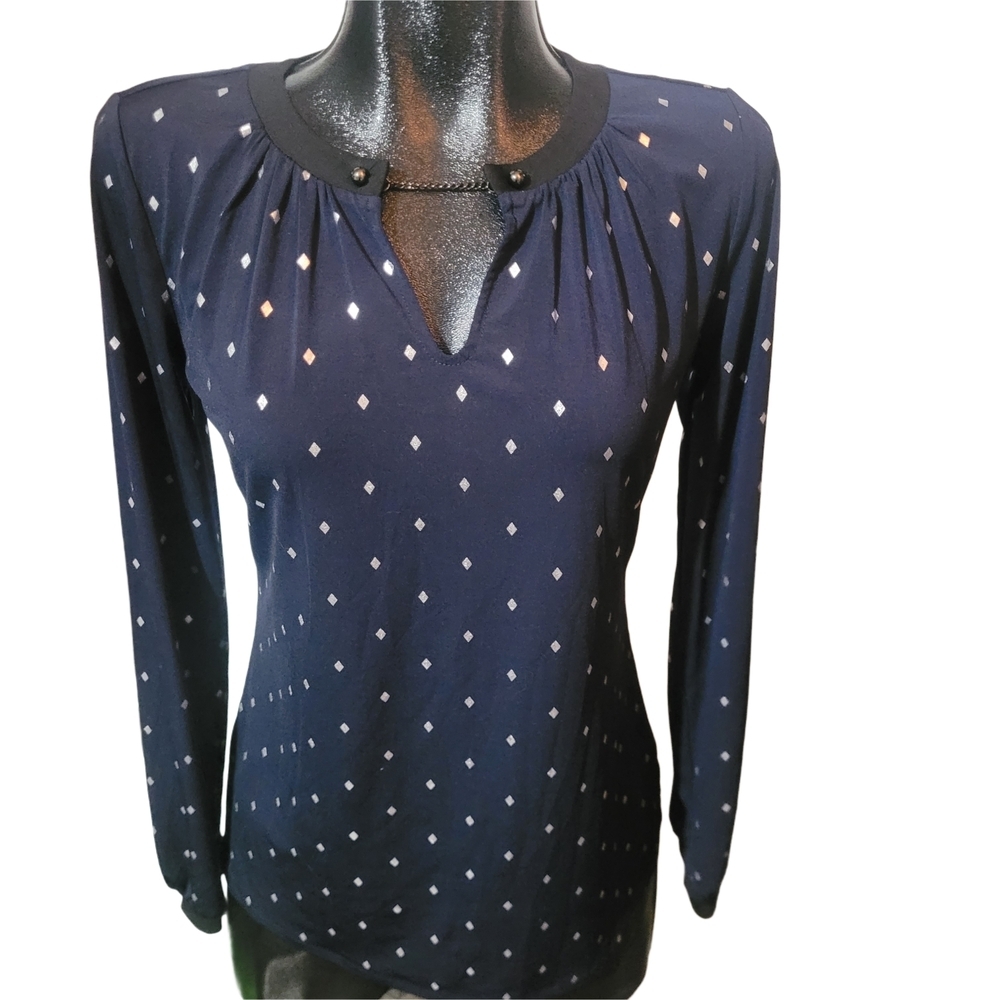 Max Cocos Navy Blue Women's Top With Black Trim And Silver Diamond Print XS